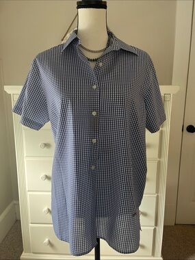 Orvis Woman's Blue & White Gingham Check Short Sleeve Button Up Shirt Sz 12